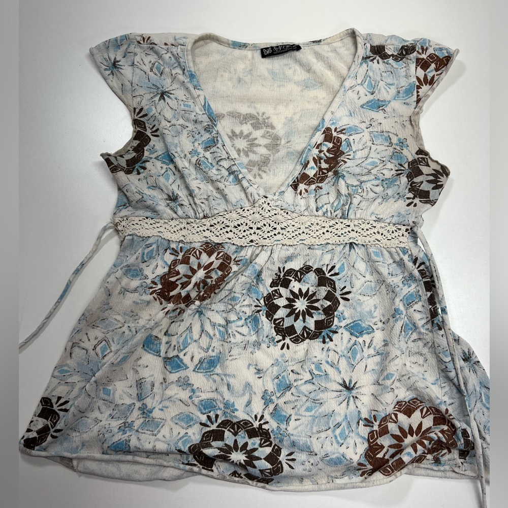 Y2K Early 2000s Boho Top Blue and Brown with Crochet Detail - Picture 3 of 7